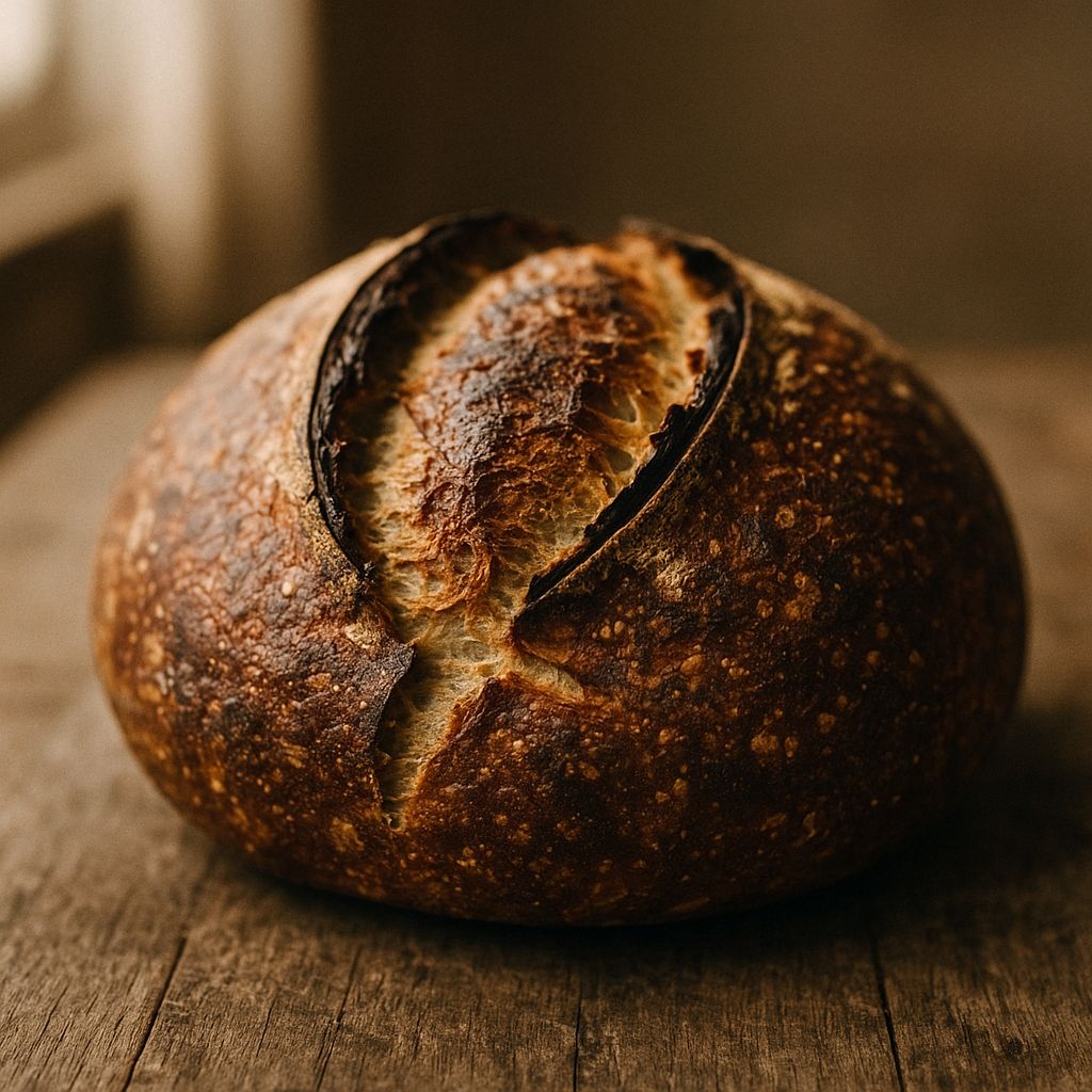 A round sourdough boule with a deep-scored, blistered crust on a wooden table in warm window light