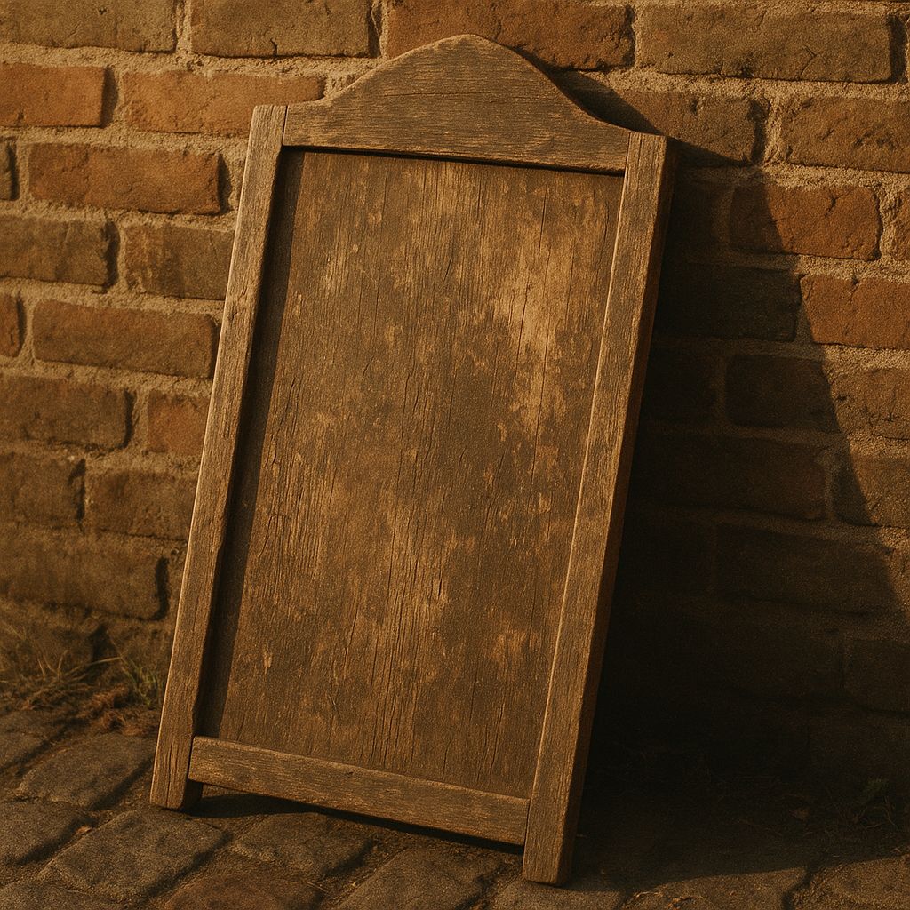 A weathered wooden A-frame sign leaning against a brick wall in warm light