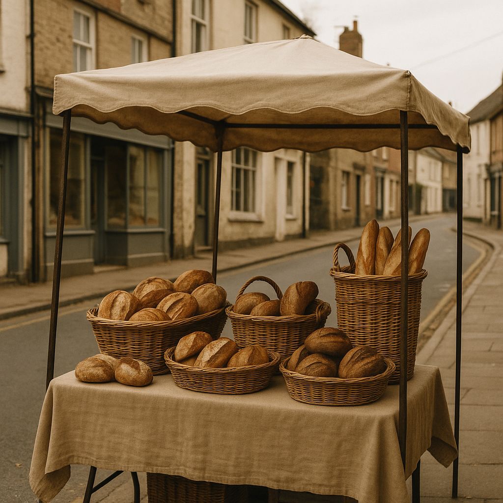 A small Saturday bread stall under a canvas awning on a quiet town street