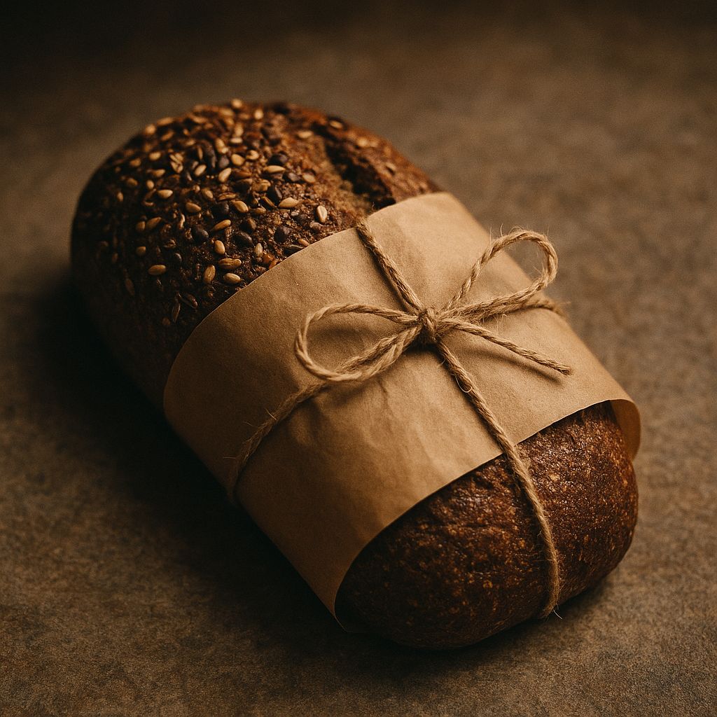 A seeded rye loaf half-wrapped in brown paper and tied with twine