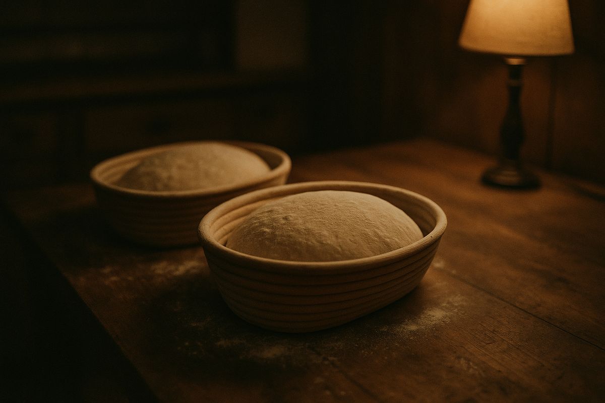 Two raw shaped dough rounds resting in floured proofing baskets by lamplight