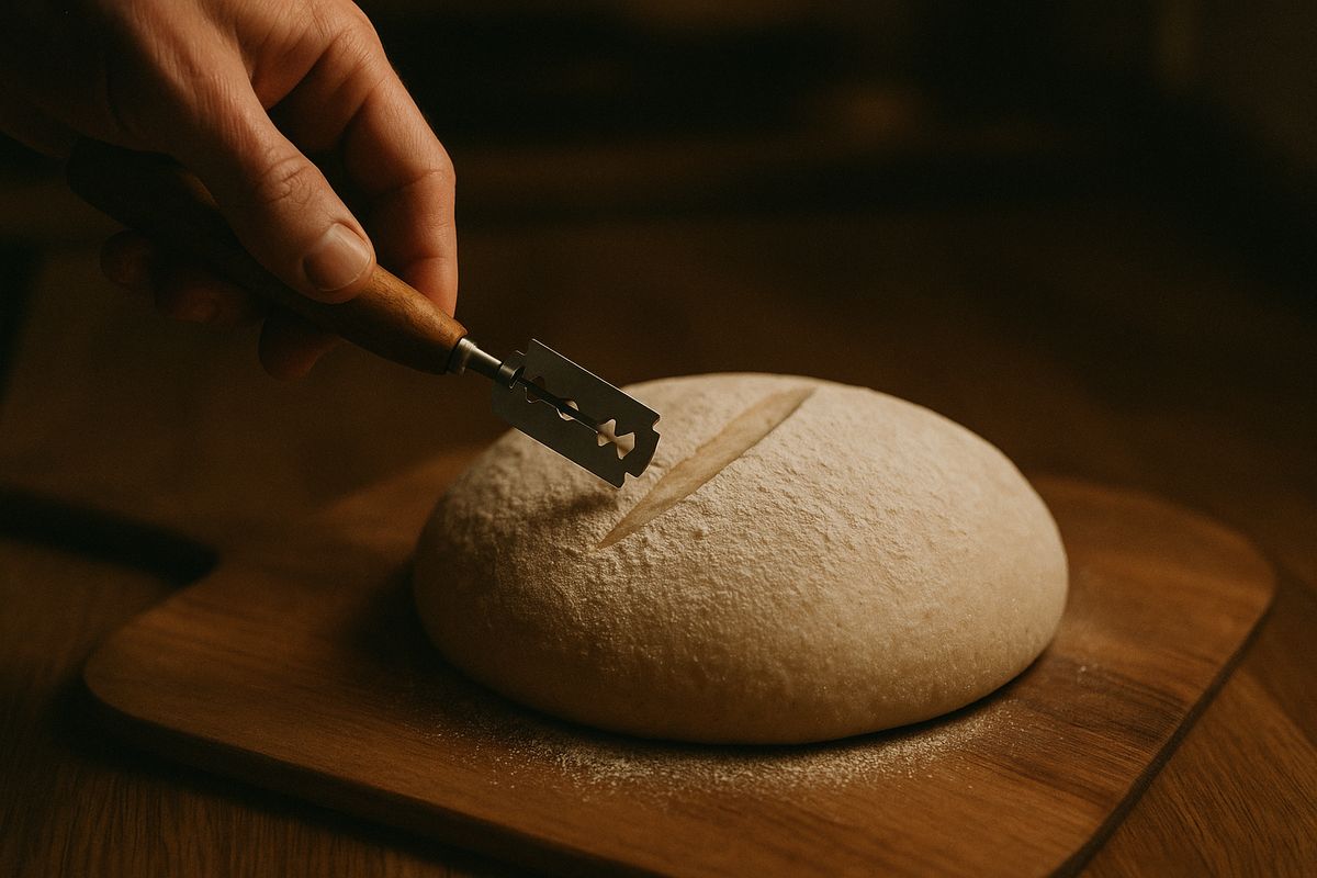 A hand scoring a fresh curve into a raw floured round of dough with a lame