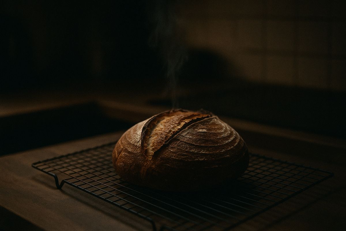A freshly baked boule cooling on a wire rack, faint steam rising