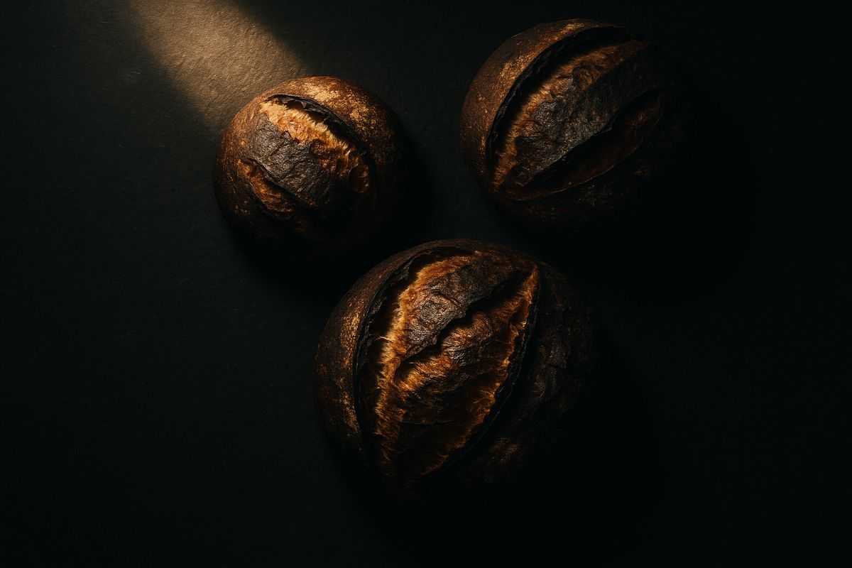 Three dark-crusted loaves on black slate in one shaft of warm light