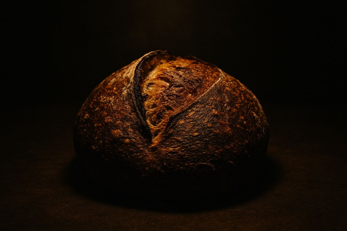 A sourdough boule lit by a single warm light against deep darkness