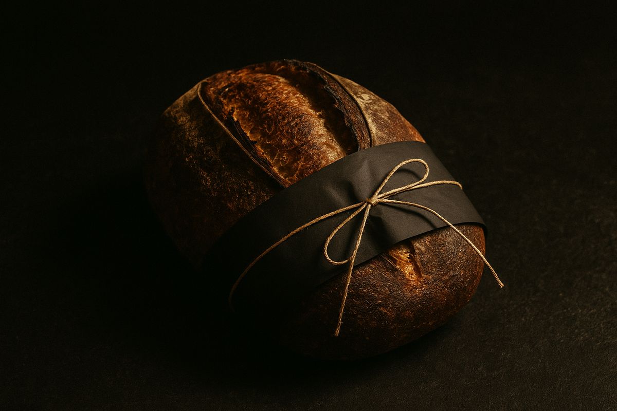 A loaf wrapped in black paper and gold twine, lit from one side