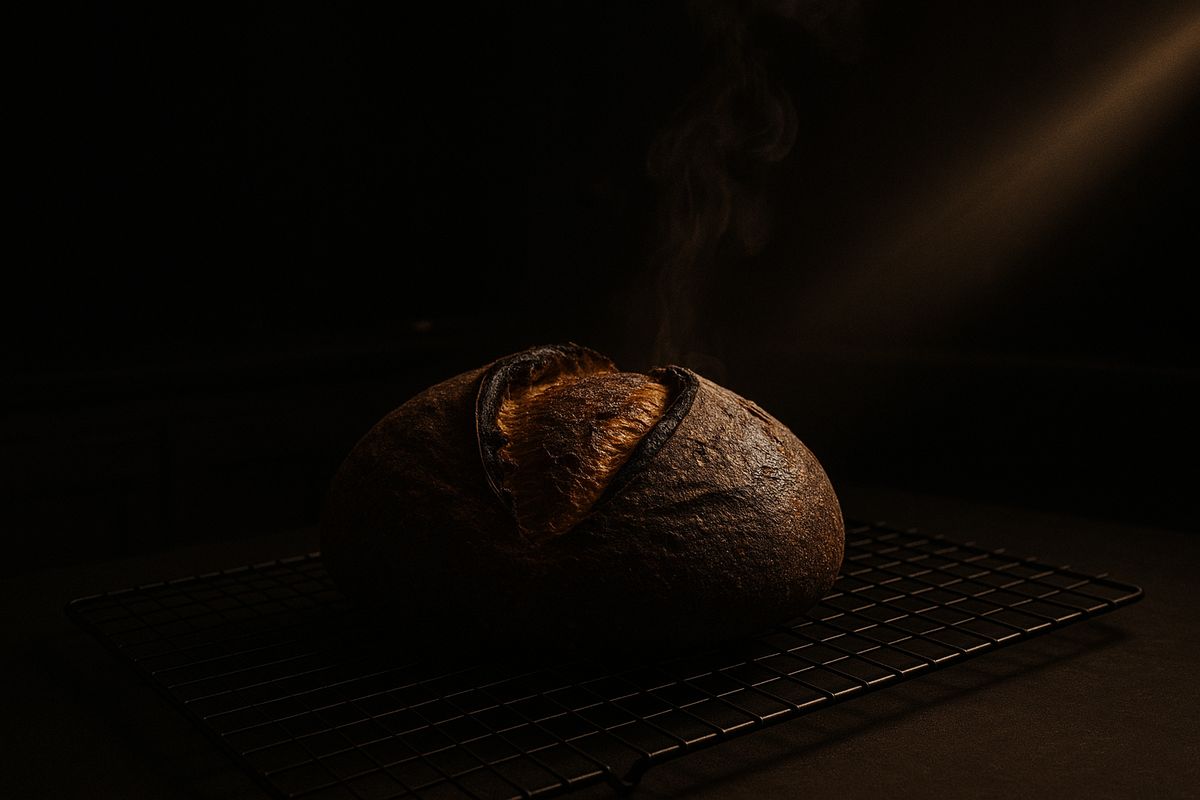A baked boule cooling on a wire rack in a dark kitchen, steam rising