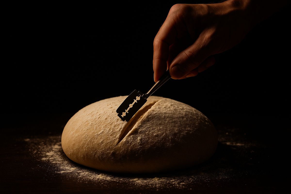 A hand scoring raw floured dough with a lame in a single beam of light