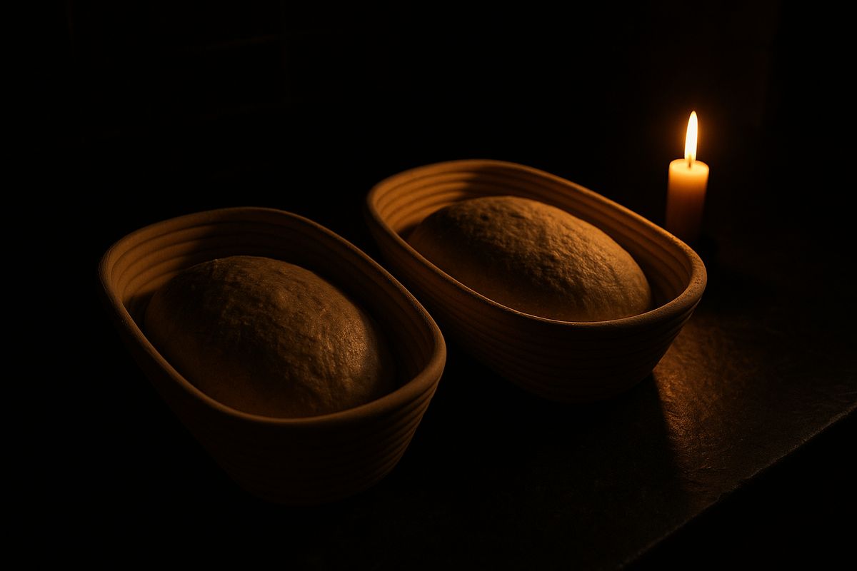 Raw shaped dough resting in proofing baskets by candlelight