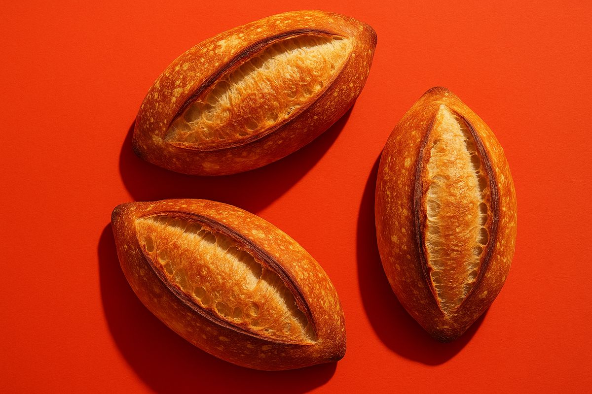 Three golden loaves on a bright tomato-red surface