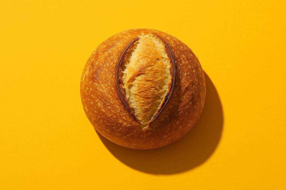 A golden sourdough boule on a bright marigold background