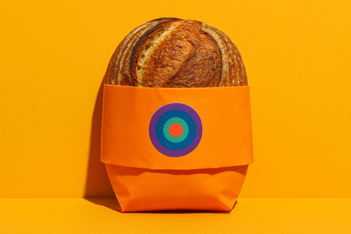 A loaf wrapped in bright kraft paper with a colorful sticker