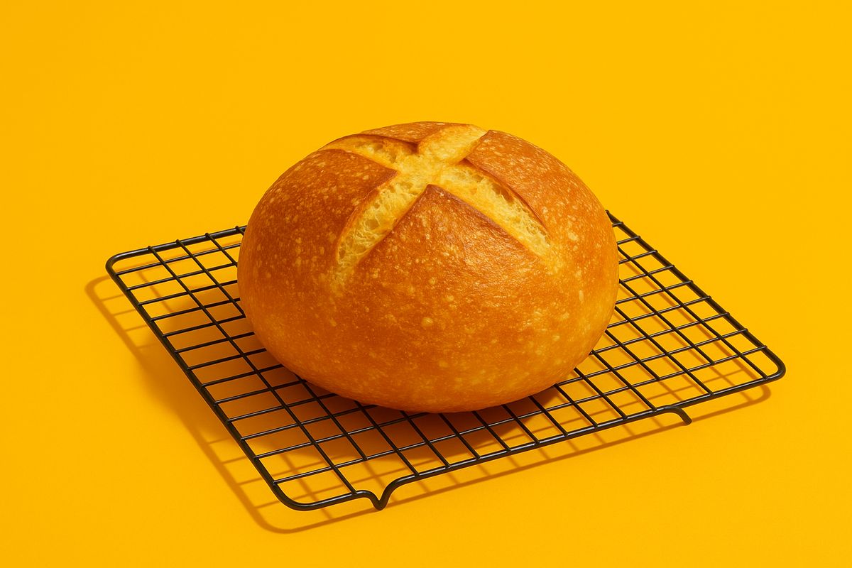 A baked golden boule cooling on a wire rack, bright