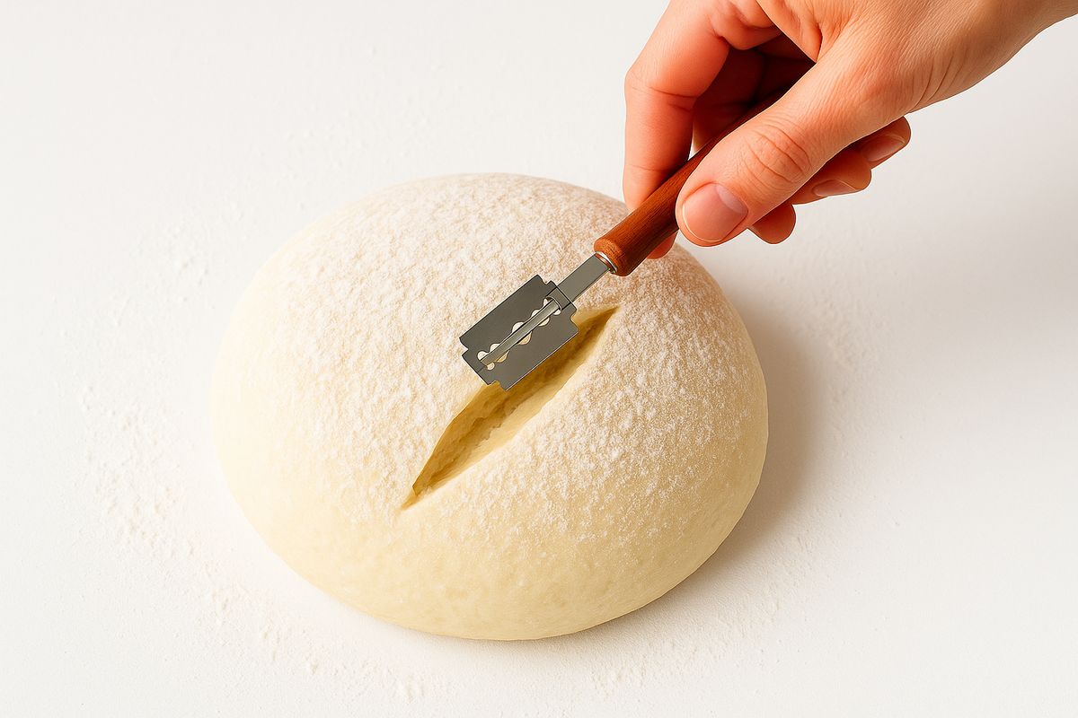 A hand scoring raw floured dough with a lame, bright high-key